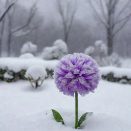 A vibrant purple flower in the background amidst a live snowfall, with clear, gleaming snowballs on the screen in the foreground.