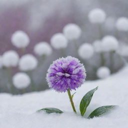 A vibrant purple flower in the background amidst a live snowfall, with clear, gleaming snowballs on the screen in the foreground.