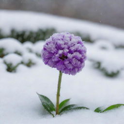 A vibrant purple flower in the background amidst a live snowfall, with clear, gleaming snowballs on the screen in the foreground.