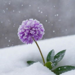 A vibrant purple flower in the background amidst a live snowfall, with clear, gleaming snowballs on the screen in the foreground.