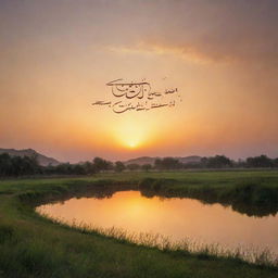 A serene landscape under a glowing sunset sky with the phrase 'لا تَحْزَنْ إِنَّ اللَّهَ مَعَنَا' etched across the sky in elegant Arabic calligraphy