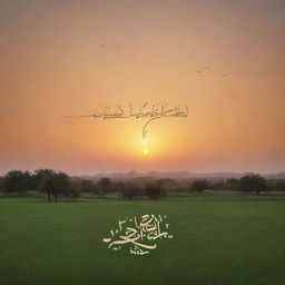 A serene landscape under a glowing sunset sky with the phrase 'لا تَحْزَنْ إِنَّ اللَّهَ مَعَنَا' etched across the sky in elegant Arabic calligraphy