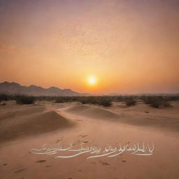 A serene landscape under a glowing sunset sky with the phrase 'لا تَحْزَنْ إِنَّ اللَّهَ مَعَنَا' etched across the sky in elegant Arabic calligraphy