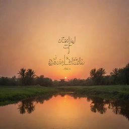 A serene landscape under a glowing sunset sky with the phrase 'لا تَحْزَنْ إِنَّ اللَّهَ مَعَنَا' etched across the sky in elegant Arabic calligraphy