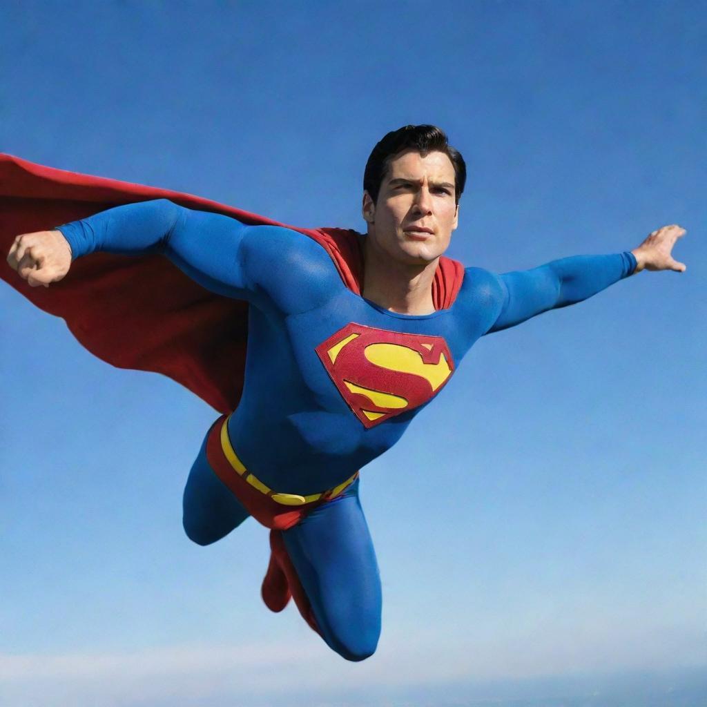 Superman, in his iconic blue, red, and yellow costume, poses heroically mid-flight against the backdrop of a bright, clear sky.