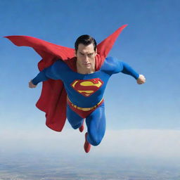 Superman, in his iconic blue, red, and yellow costume, poses heroically mid-flight against the backdrop of a bright, clear sky.