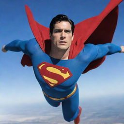 Superman, in his iconic blue, red, and yellow costume, poses heroically mid-flight against the backdrop of a bright, clear sky.