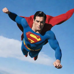 Superman, in his iconic blue, red, and yellow costume, poses heroically mid-flight against the backdrop of a bright, clear sky.