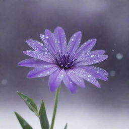 A vibrant purple flower in the background amidst a dynamic snowfall, with delicate, crystalline snowflakes falling across the screen in the foreground.