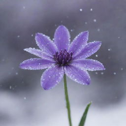 A vibrant purple flower in the background amidst a dynamic snowfall, with delicate, crystalline snowflakes falling across the screen in the foreground.