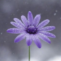 A vibrant purple flower in the background amidst a dynamic snowfall, with delicate, crystalline snowflakes falling across the screen in the foreground.