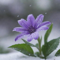 A vibrant purple flower with some green leaves in the background amidst a dynamic snowfall, with delicate, crystalline snowflakes falling across the screen in the foreground.