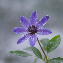 A vibrant purple flower with some green leaves in the background amidst a dynamic snowfall, with delicate, crystalline snowflakes falling across the screen in the foreground.