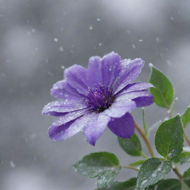 A vibrant purple flower with some green leaves in the background amidst a dynamic snowfall, with delicate, crystalline snowflakes falling across the screen in the foreground.