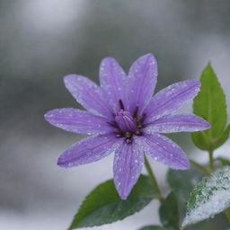 A vibrant purple flower with some green leaves in the background amidst a dynamic snowfall, with delicate, crystalline snowflakes falling across the screen in the foreground.