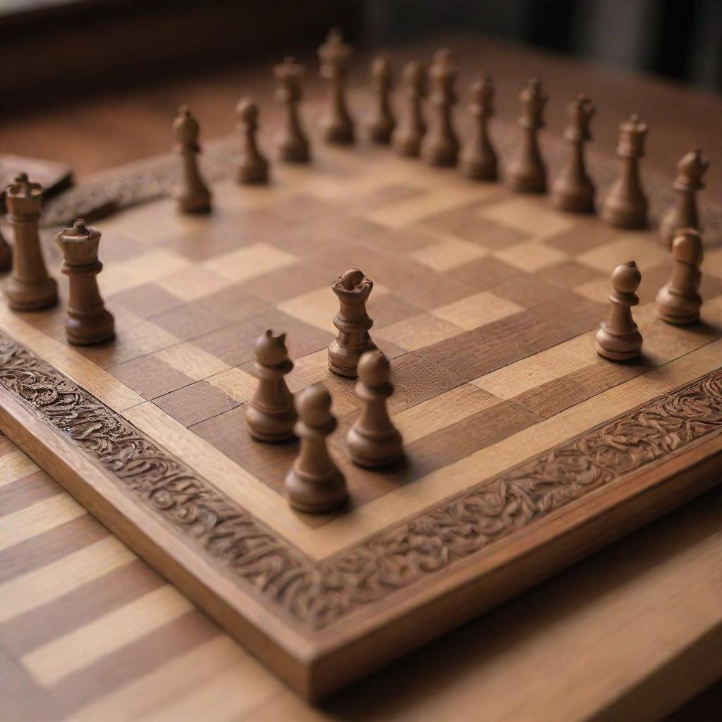 An intricately detailed chess board with finely carved pieces in the middle of a game