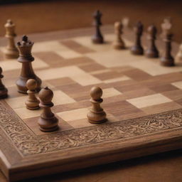 An intricately detailed chess board with finely carved pieces in the middle of a game