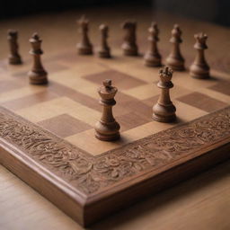 An intricately detailed chess board with finely carved pieces in the middle of a game