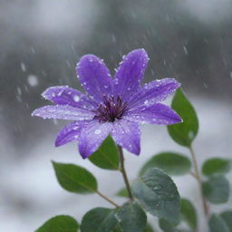 A vibrant purple flower with some green leaves in the background amidst a dynamic snowfall, with delicate, crystalline snowflakes falling across the screen in the foreground.