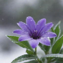 A vibrant purple flower with some green leaves in the background amidst a dynamic snowfall, with delicate, crystalline snowflakes falling across the screen in the foreground.