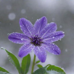 A vibrant purple flower with some green leaves in the background amidst a dynamic snowfall, with delicate, crystalline snowflakes falling across the screen in the foreground.