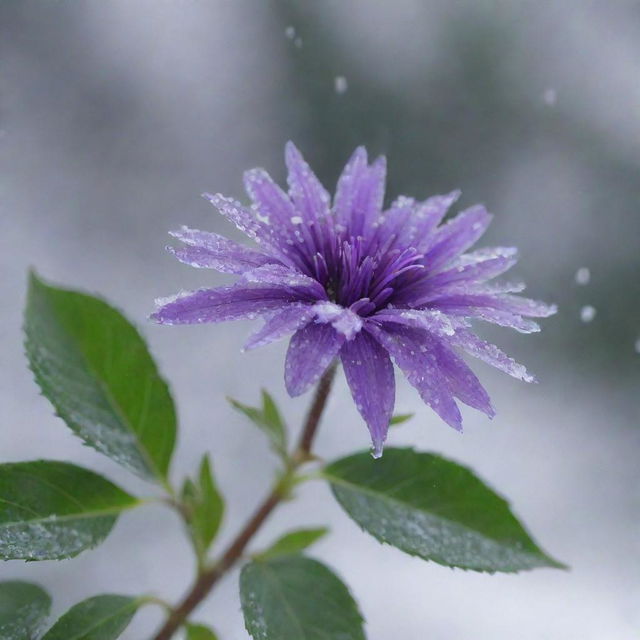 A vibrant purple flower with some green leaves in the background amidst a dynamic snowfall, with delicate, crystalline snowflakes falling across the screen in the foreground.