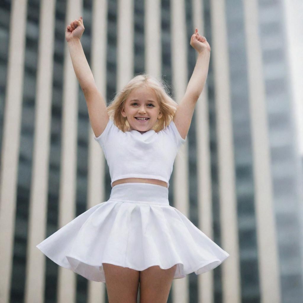 A cute, blond-haired girl dressed in a white skirt, demonstrating an immense strength by effortlessly holding up a massive building with just one hand.