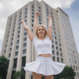 A cute, blond-haired girl dressed in a white skirt, demonstrating an immense strength by effortlessly holding up a massive building with just one hand.