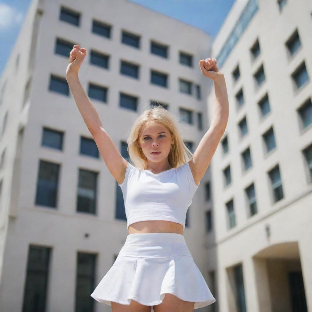 A cute, blond-haired girl dressed in a white skirt, demonstrating an immense strength by effortlessly holding up a massive building with just one hand.