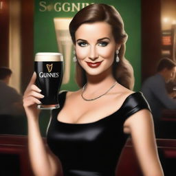 A high-quality digital art piece featuring an attractive woman elegantly holding a pint of Guinness