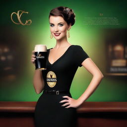 A high-quality digital art piece featuring an attractive woman elegantly holding a pint of Guinness