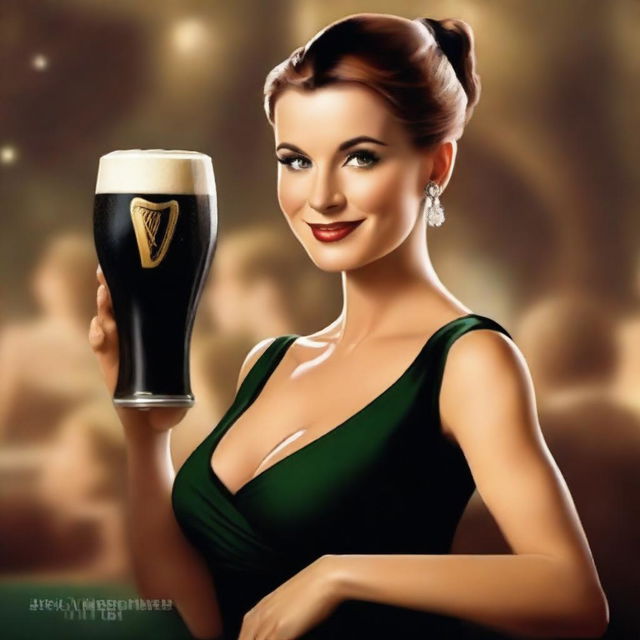 A high-quality digital art piece featuring an attractive woman elegantly holding a pint of Guinness