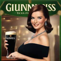 A high-quality digital art piece featuring an attractive woman elegantly holding a pint of Guinness