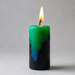 A realistic black candle with a flame that's split into two intriguing colors, half vibrant green, the other half contrasting blue.