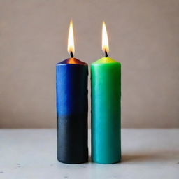 A realistic black candle with a flame that's split into two intriguing colors, half vibrant green, the other half contrasting blue.