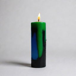 A realistic black candle with a flame that's split into two intriguing colors, half vibrant green, the other half contrasting blue.