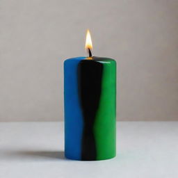 A realistic black candle with a flame that's split into two intriguing colors, half vibrant green, the other half contrasting blue.