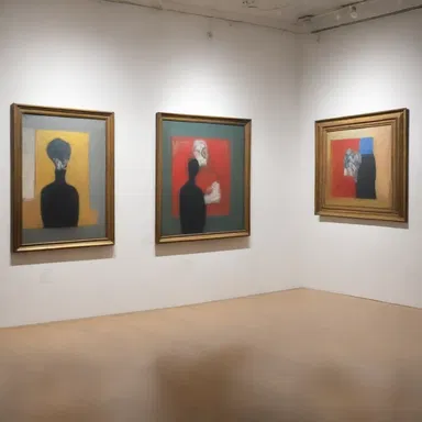 In this art gallery, each painting is accompanied by a sum-up that describes the artist's intention and the key elements depicted.