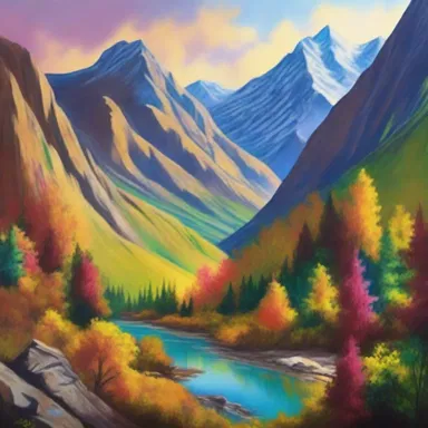 The painting beautifully depicts the breathtaking view of the mountain pass with vibrant colors and intricate details.