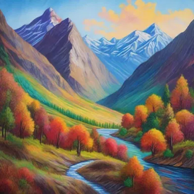 The painting beautifully depicts the breathtaking view of the mountain pass with vibrant colors and intricate details.