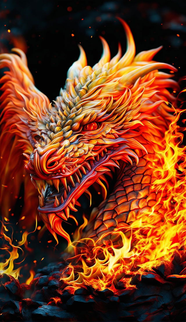 A hyper-realistic 4K image of a dragon formed entirely from vibrant flames, rendered with Redshift for photorealism. The fine art digital photography captures the dramatic contrast between the fiery dragon and the dark background in high dynamic range (HDR), creating a mystical atmosphere.