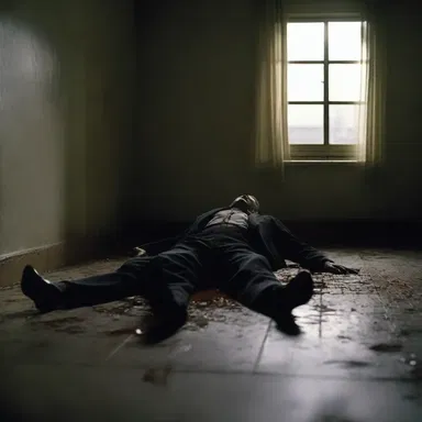 In the horror movie, the recumbent figure lying on the floor suddenly woke up and attacked the protagonist.