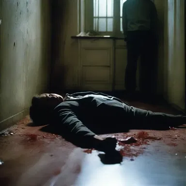 In the horror movie, the recumbent figure lying on the floor suddenly woke up and attacked the protagonist.