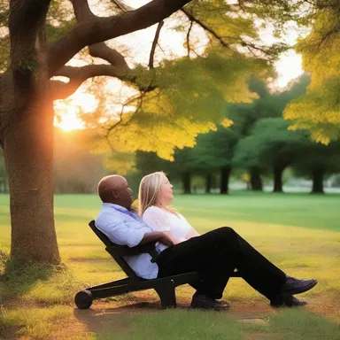 The couple enjoyed a romantic evening on a recumbent bench in the park, watching the sunset together.