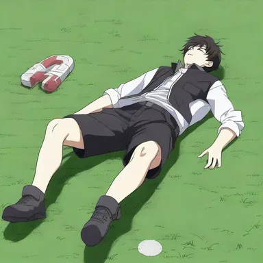 The protagonist in the anime series took a recumbent position on the grass, contemplating their next move in the intense battle.