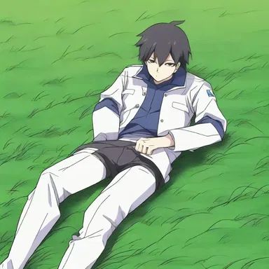 The protagonist in the anime series took a recumbent position on the grass, contemplating their next move in the intense battle.