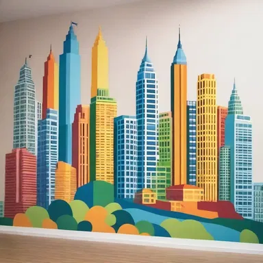 The artist's mural depicts the city skyline, capturing its iconic buildings and landmarks.