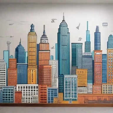 The artist's mural depicts the city skyline, capturing its iconic buildings and landmarks.