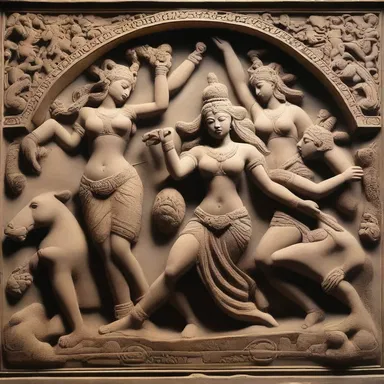 The ancient artwork depicts a mythical battle between gods and goddesses, showcasing their divine powers and epic struggle.