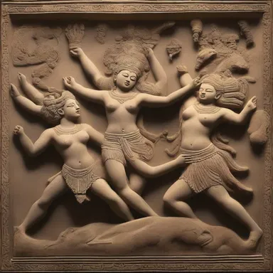 The ancient artwork depicts a mythical battle between gods and goddesses, showcasing their divine powers and epic struggle.